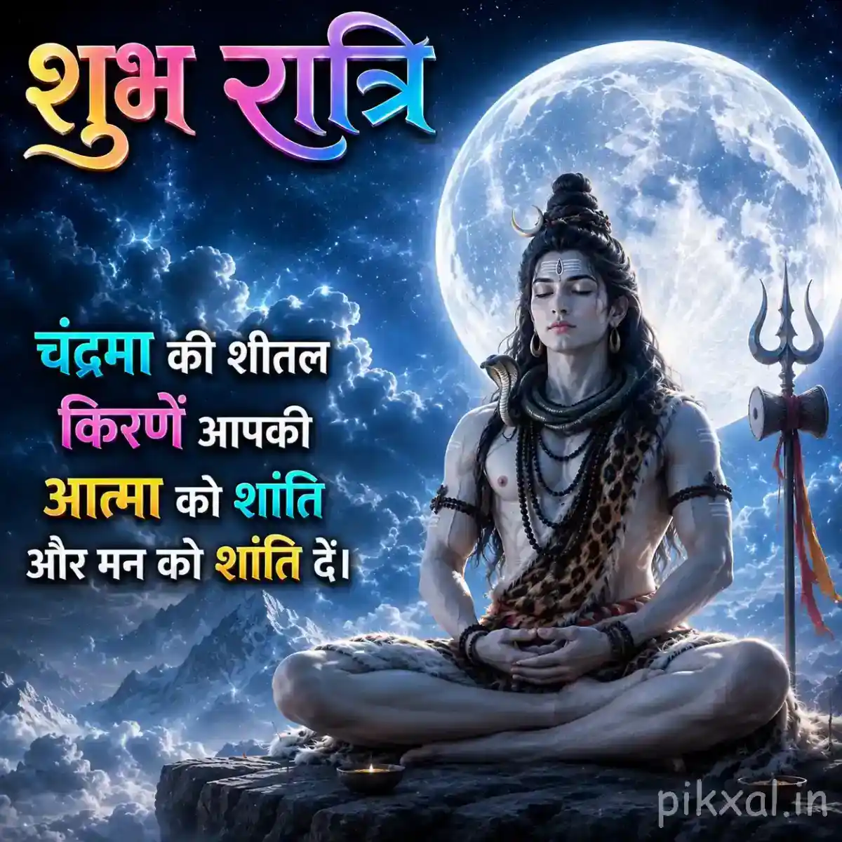 Bholenath meditating peacefully beneath a large full moon with his trishul nearby