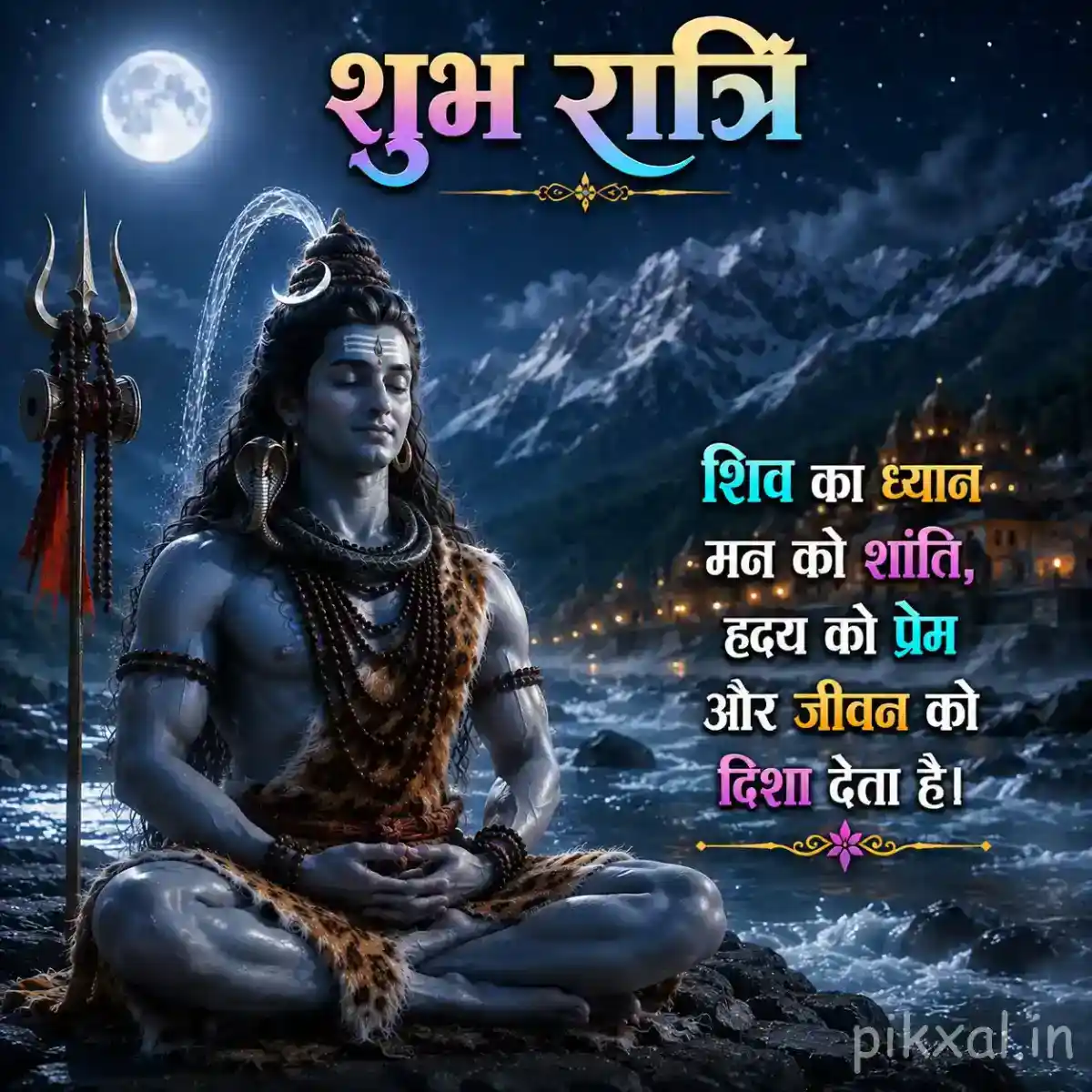 Bholenath meditating peacefully with his trishul against majestic Himalayan mountains and a full moon
