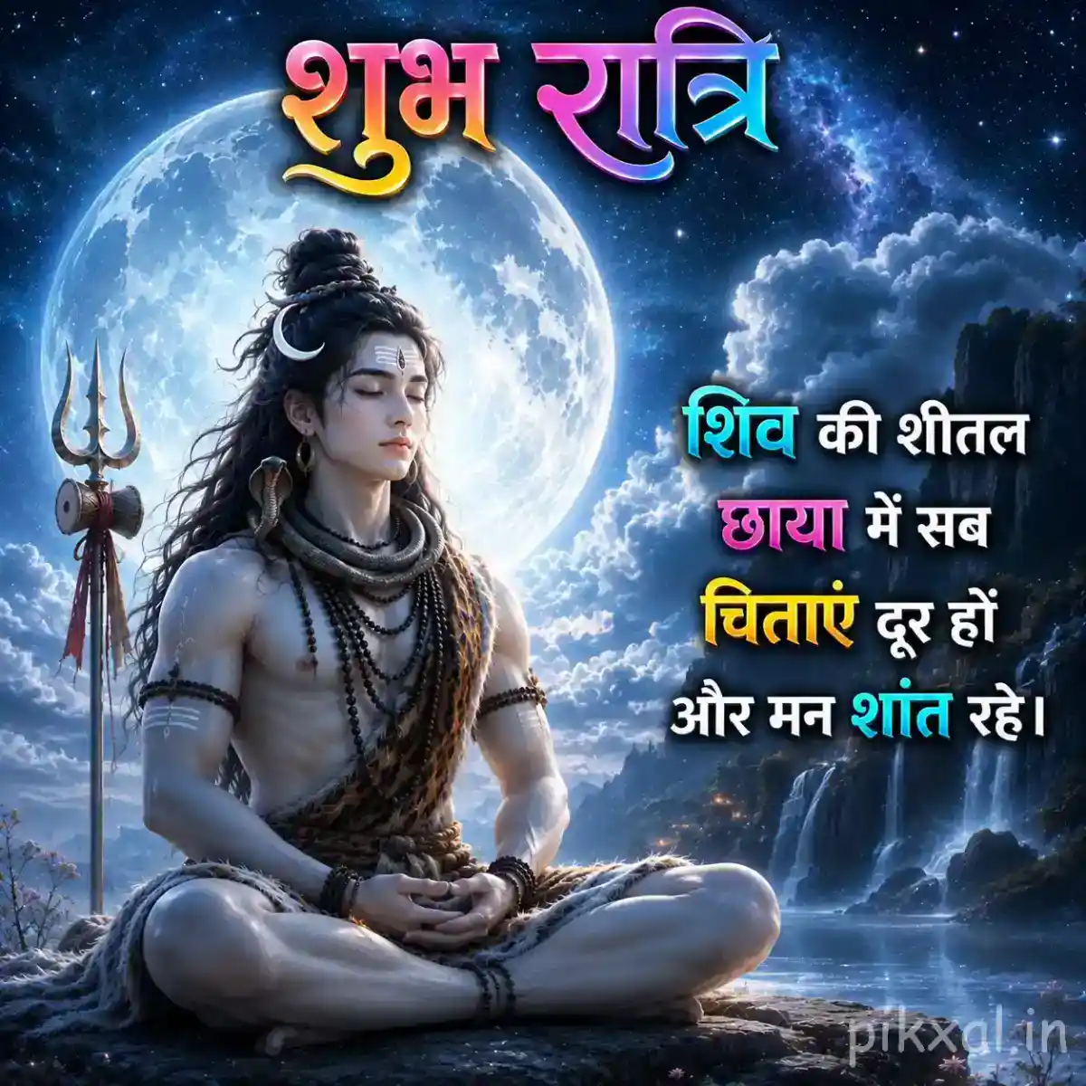 Bholenath sitting in deep meditation with his trishul against a bright moonlit Himalayan background