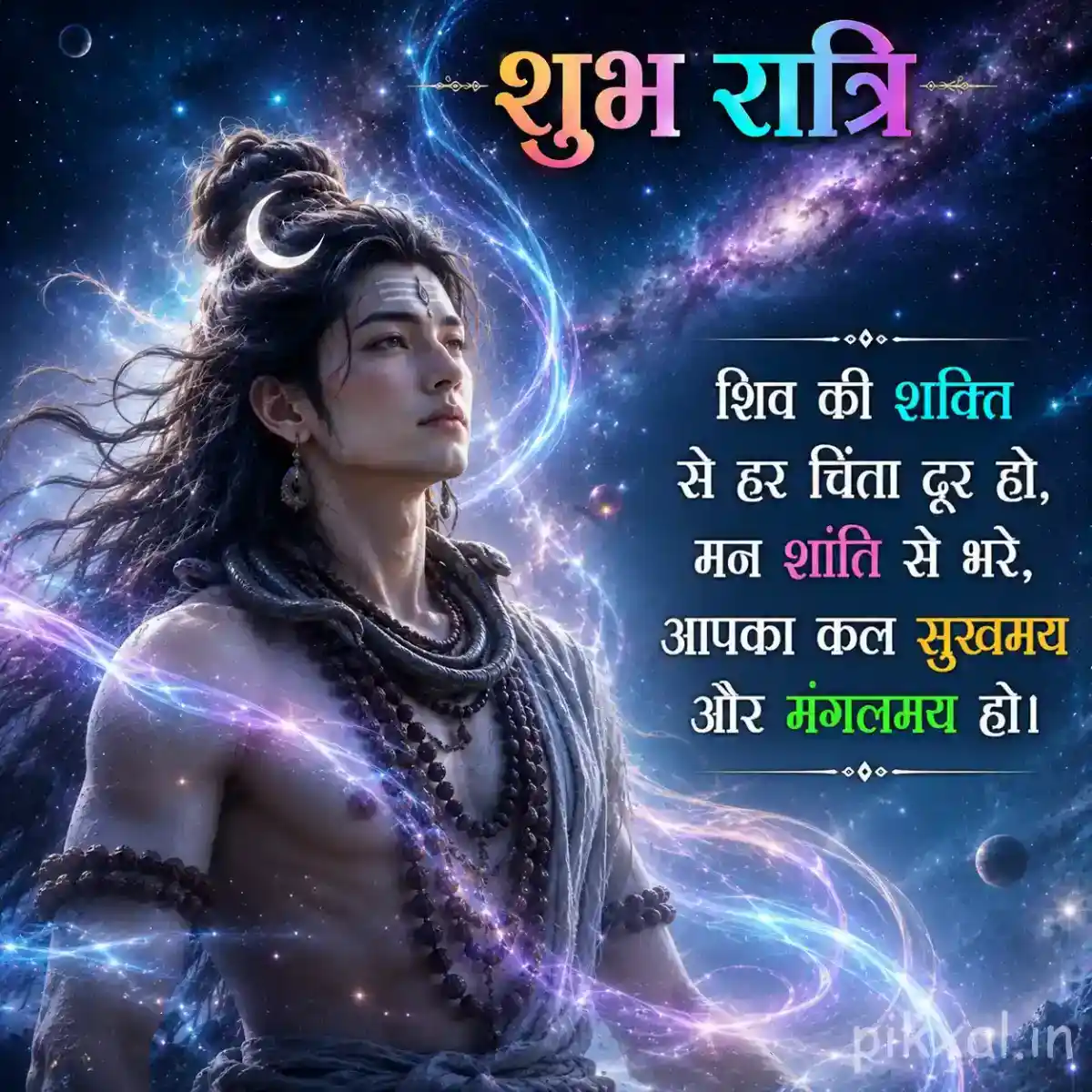 Close-up of Lord Shiva surrounded by radiant cosmic energy and a deep blue celestial background