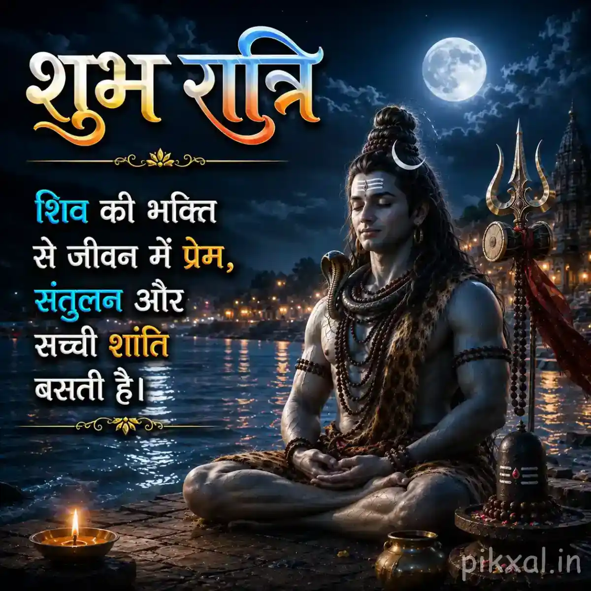Lord Shiva meditating beside glowing lamps and his trishul under a peaceful moonlit sky
