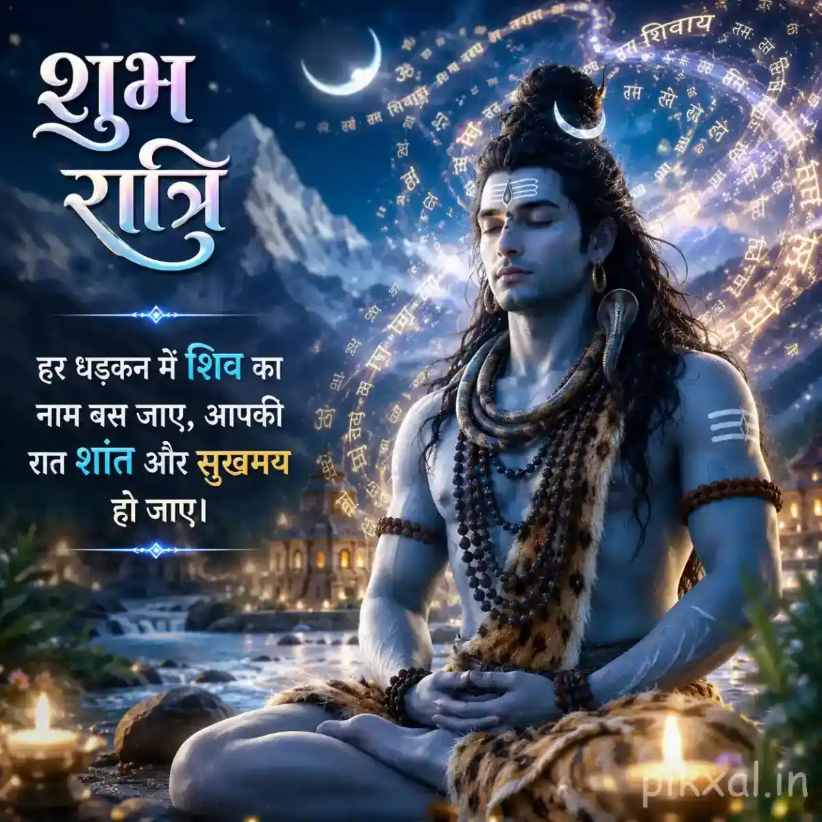 Bholenath seated in meditation with his trishul and warm lamps against a blue nighttime landscape