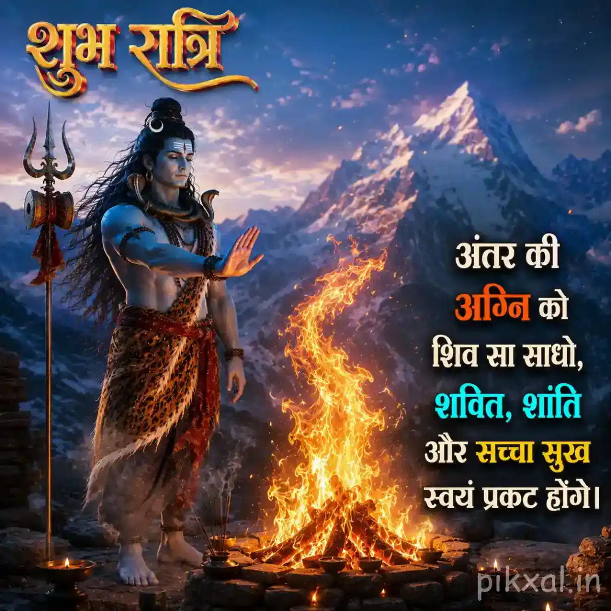 Mahadev standing beside a blazing sacred fire with his trishul against a Himalayan mountain backdrop