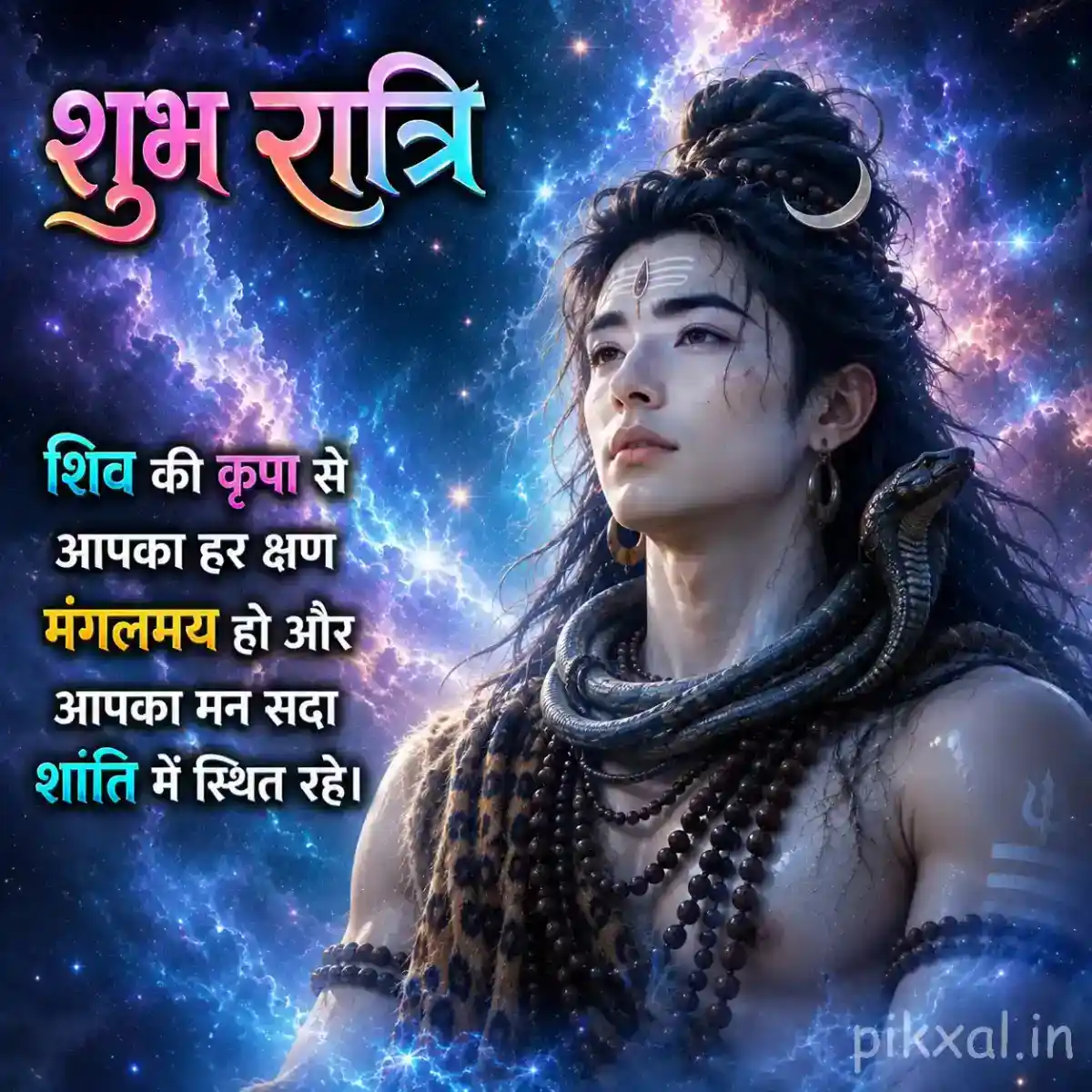 Close-up portrait of Mahadev with a calm expression against a glowing blue celestial background
