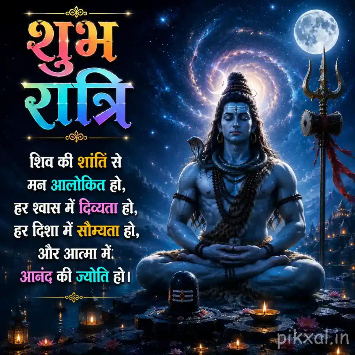 Lord Shiva meditating beside a Shiva lingam and glowing lamps beneath a mystical moonlit sky