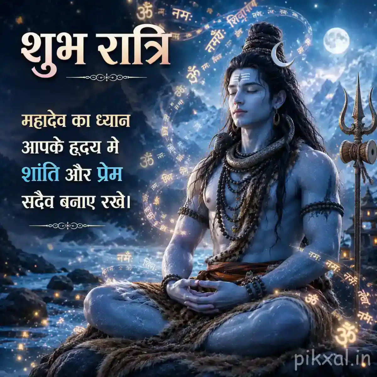 Mahadev seated peacefully in the mountains with a soft moonlit divine glow