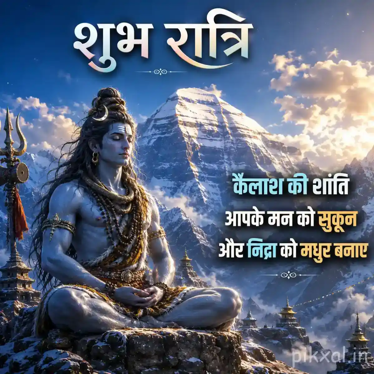 Lord Shiva meditating against snow-covered Himalayan mountains at peaceful night