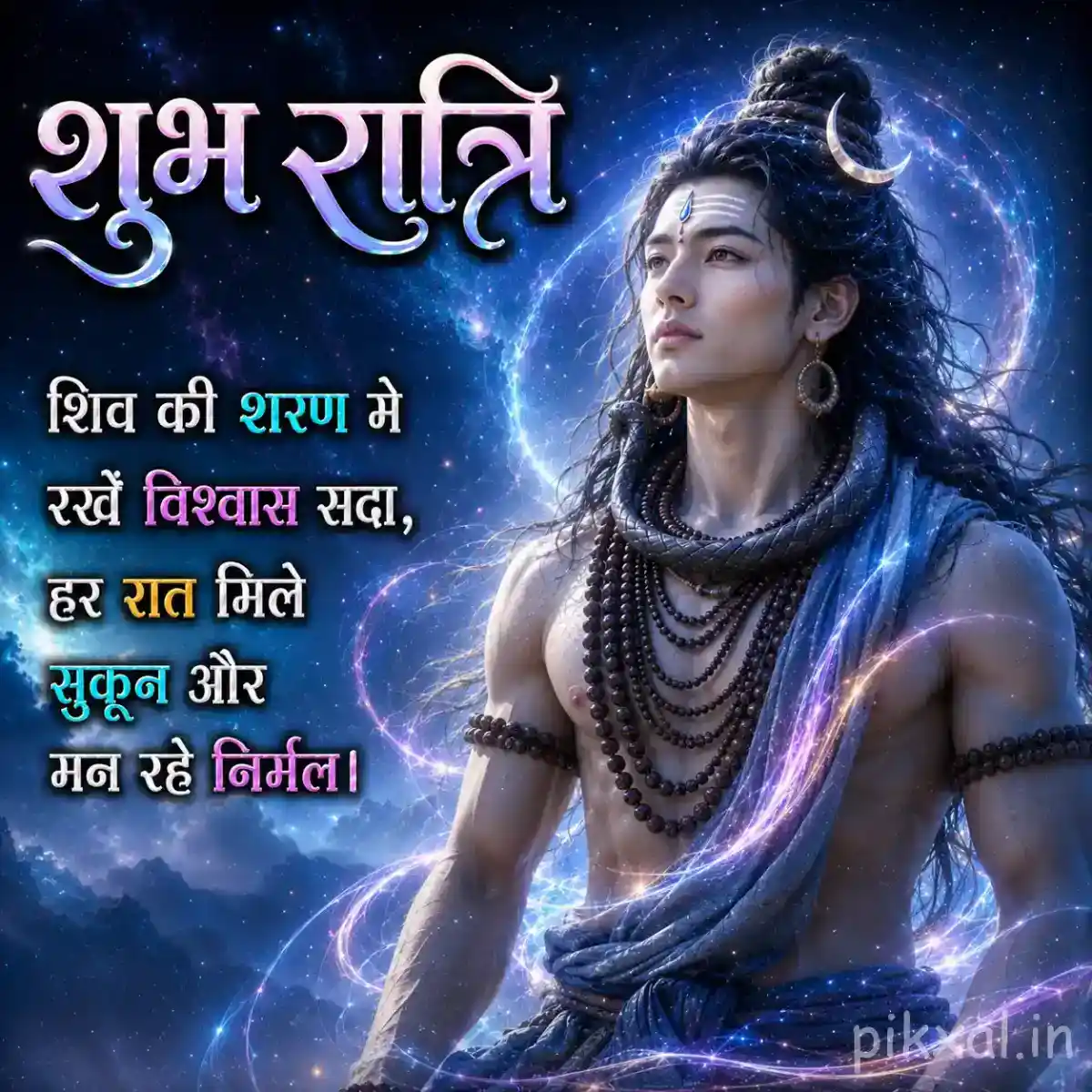 Serene Mahadev portrait with a radiant blue aura and peaceful night atmosphere