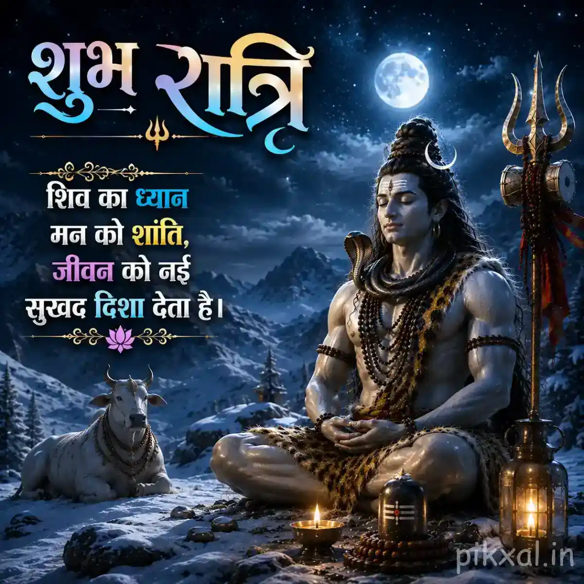 Lord Shiva seated peacefully with Nandi under moonlight and a star-filled sky