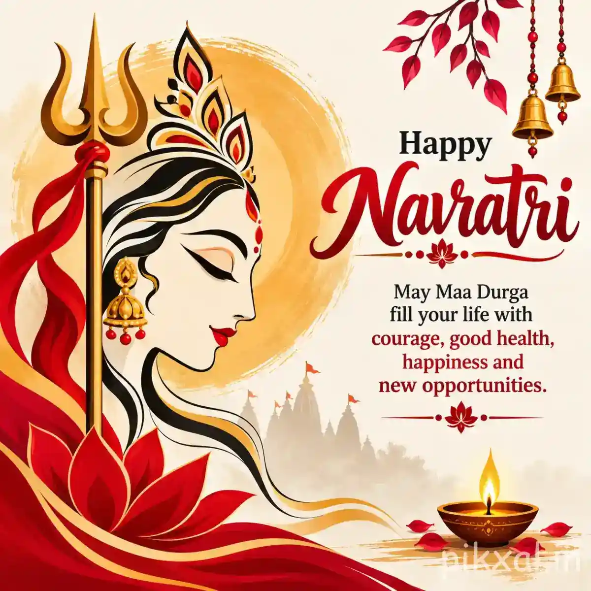 Goddess Durga profile with trident, red drapery, diya, flowers, and a Happy Navratri wish
