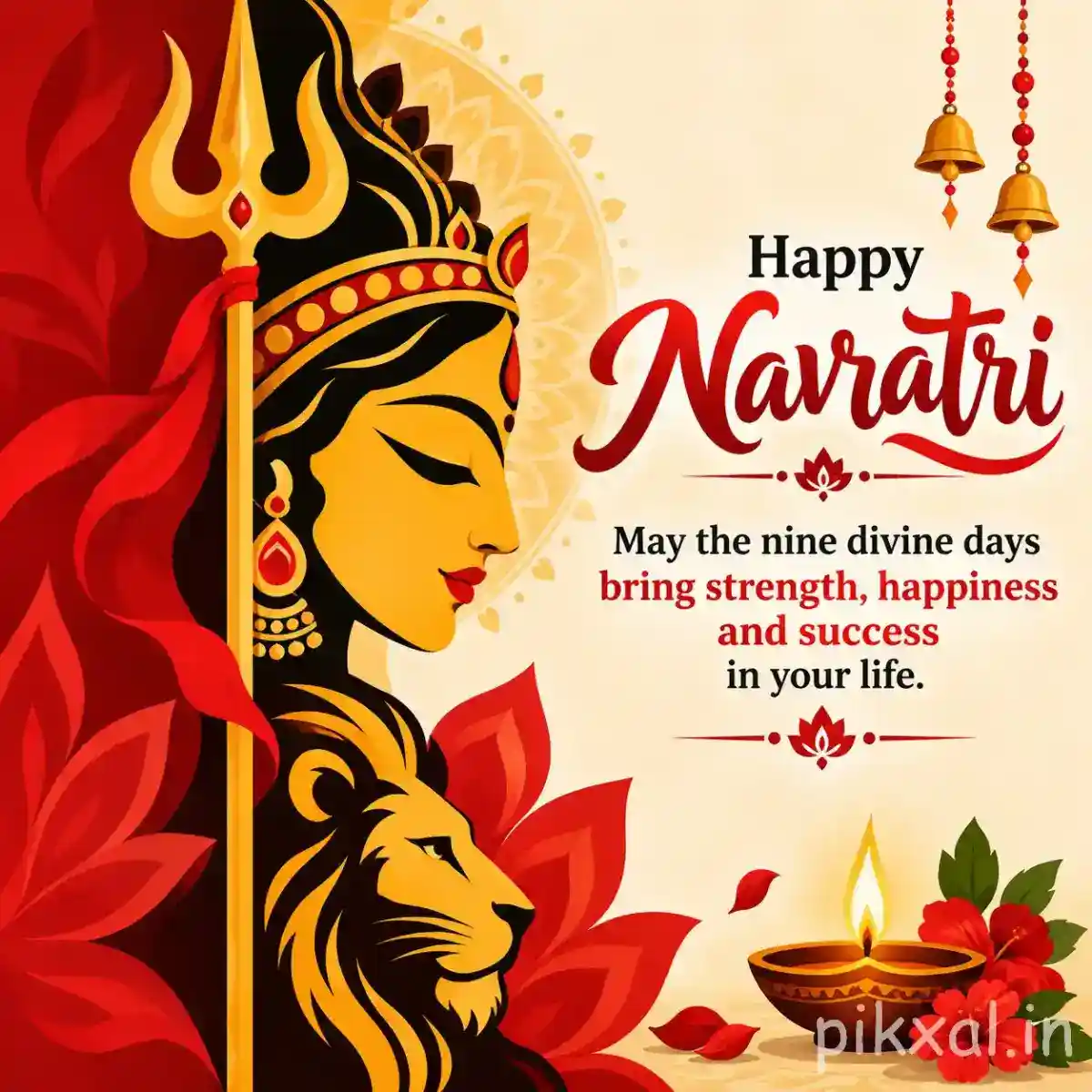 Goddess Durga profile with a lion and trident beside flowers, diyas, and a Happy Navratri message