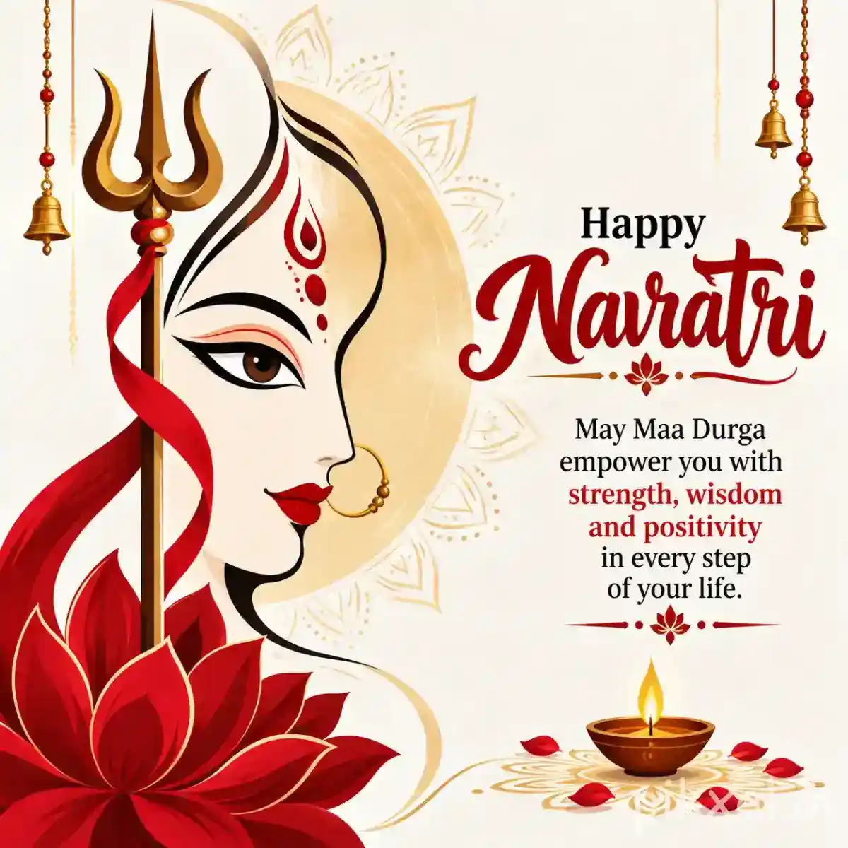 Close-up Durga profile with red lotus flowers, trident, diya, and a Happy Navratri wish