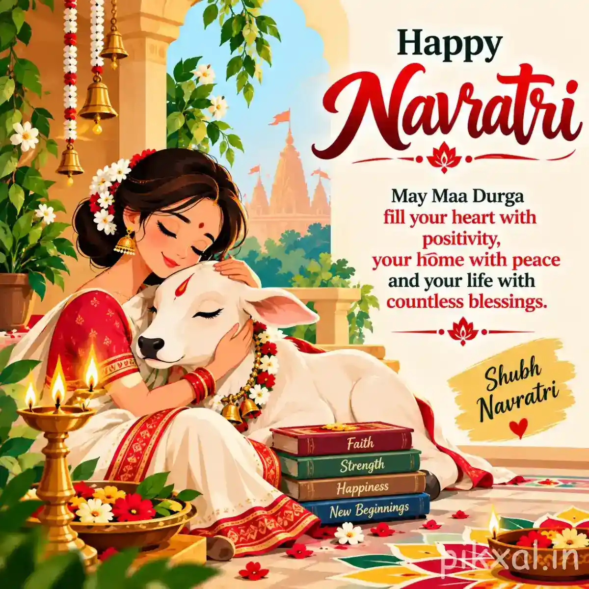 Devotee praying beside books and a decorated kalash with flowers, diyas, and a Happy Navratri wish