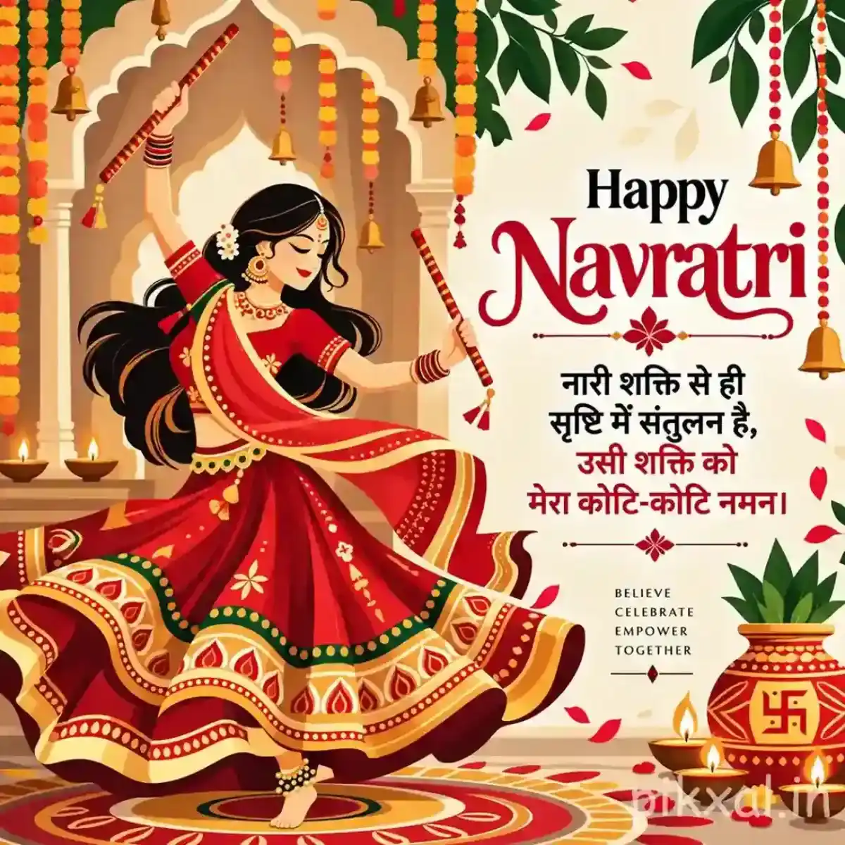 Garba dancer in a colorful outfit surrounded by flowers, diyas, and a Happy Navratri message
