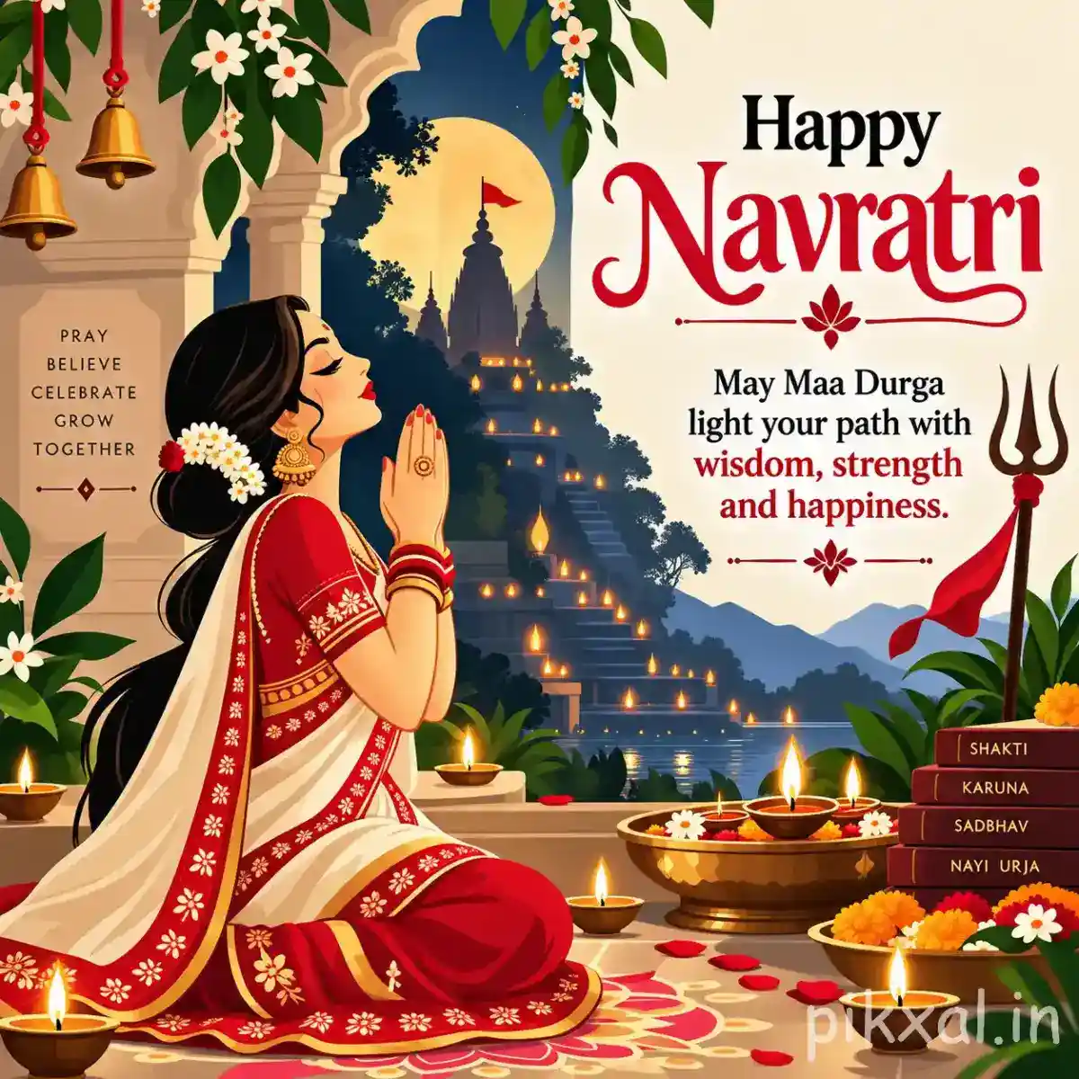 Devotee praying toward a temple under a moonlit sky with diyas, flowers, and a Happy Navratri blessing