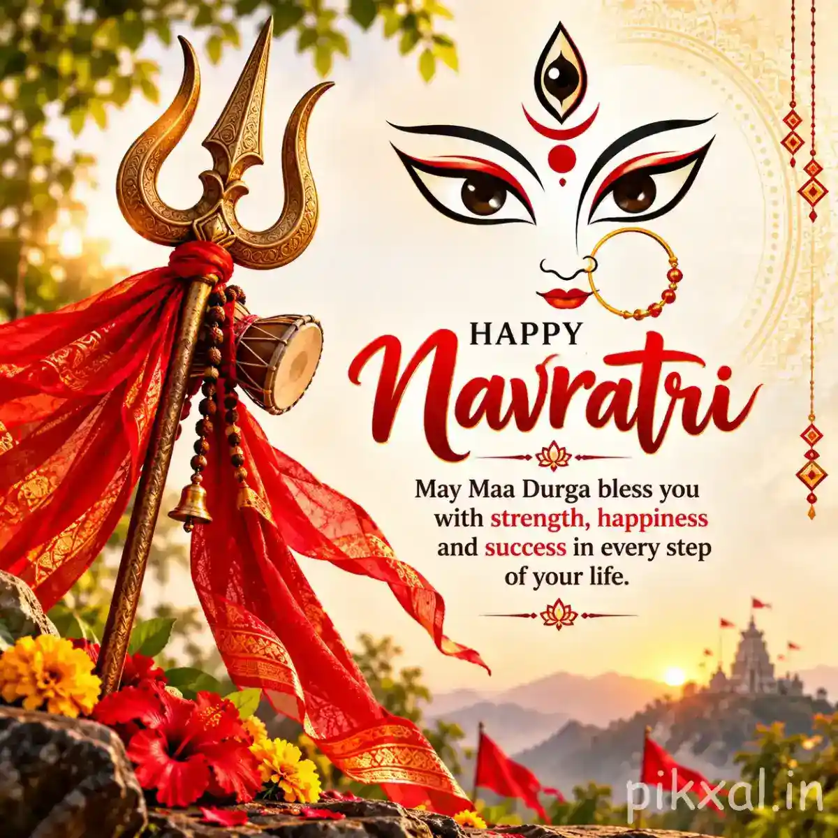 Decorated trident with red drapery, flowers, diyas, mountains, and a Happy Navratri wish
