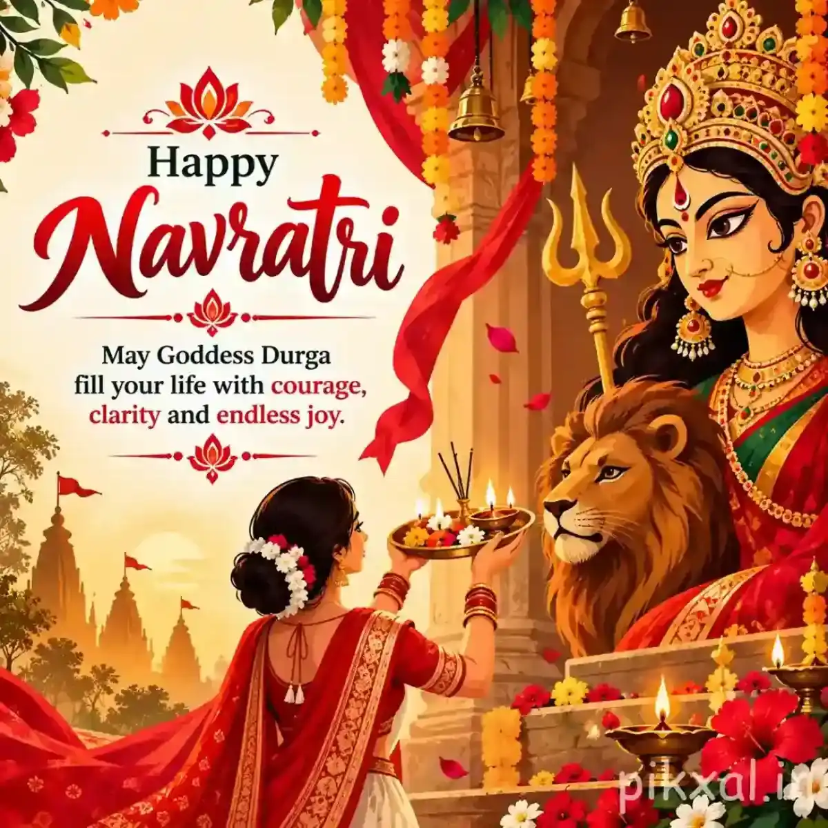 Devotee praying before Goddess Durga with a lion, trident, flowers, diyas, and a Happy Navratri blessing