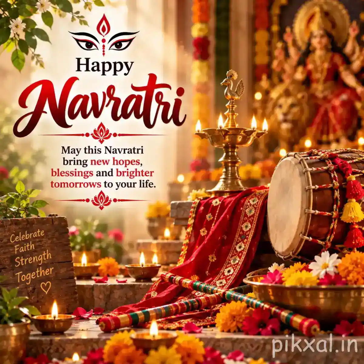 Decorated Durga shrine with a drum, flowers, glowing diyas, temple ornaments, and a Happy Navratri message