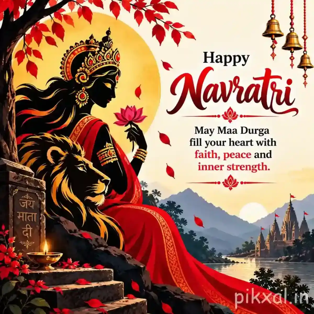 Goddess Durga silhouette with a lion, flowers, temple steps, mountains, and a Happy Navratri wish
