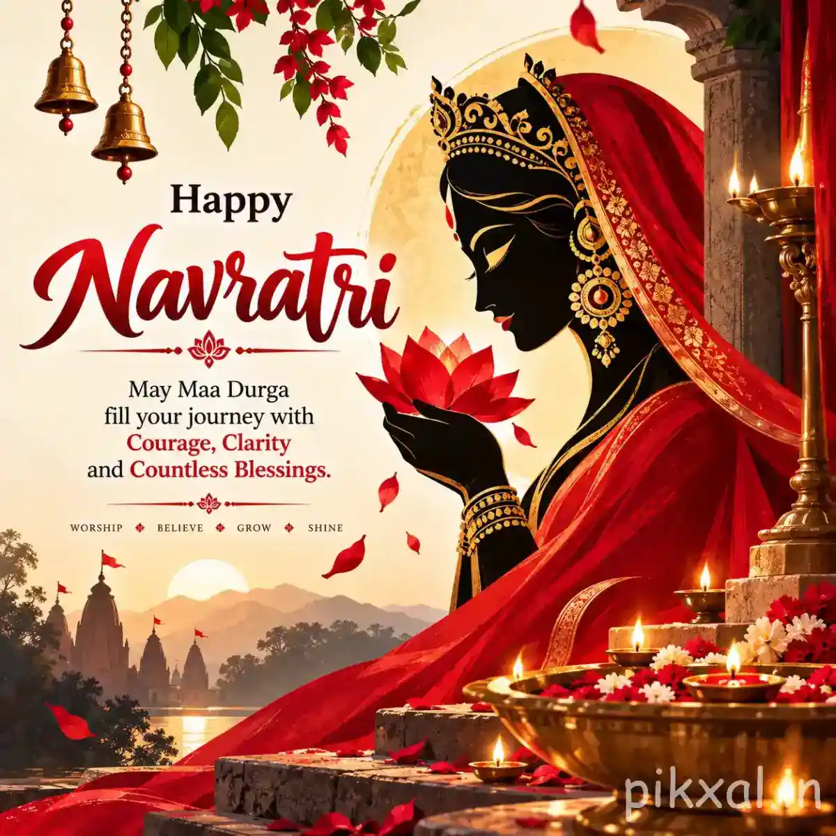 Goddess Durga profile with red flowers, trident, mountains, glowing diyas, and a Happy Navratri blessing