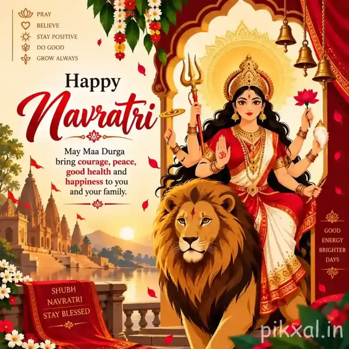 Goddess Durga with a lion surrounded by flowers, diyas, temple scenery, and a Happy Navratri blessing