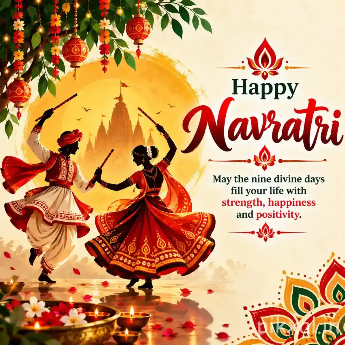 Garba dancers celebrating beneath a large moon with diyas, flowers, and a Happy Navratri greeting