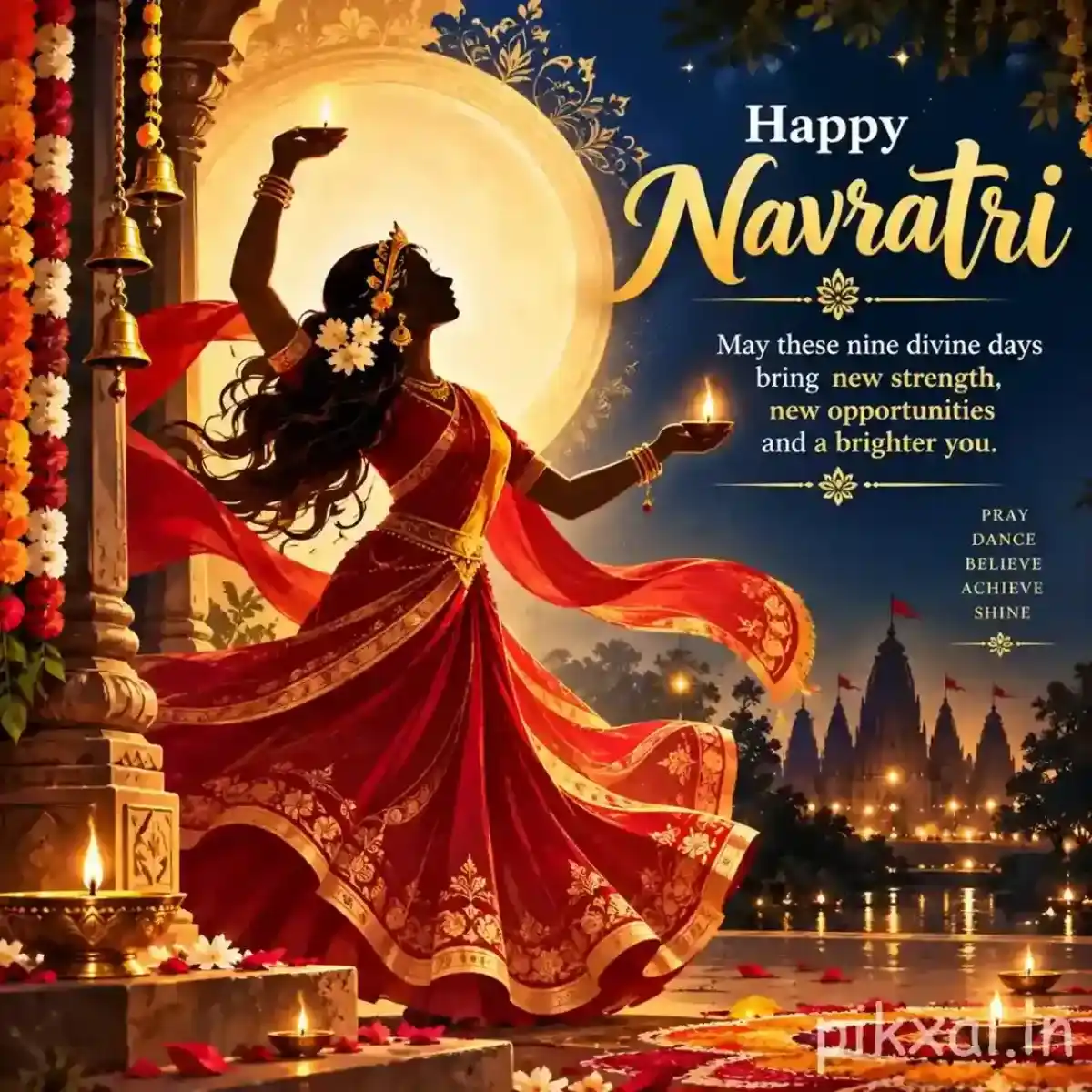 Garba dancer silhouetted against a glowing moon with temple lights and a Happy Navratri wish
