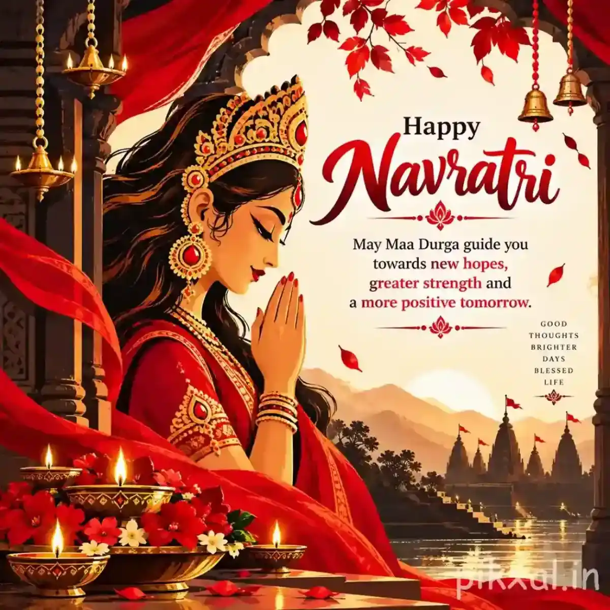 Devotee praying before a Durga shrine with glowing diyas, flowers, trident, and a Happy Navratri message