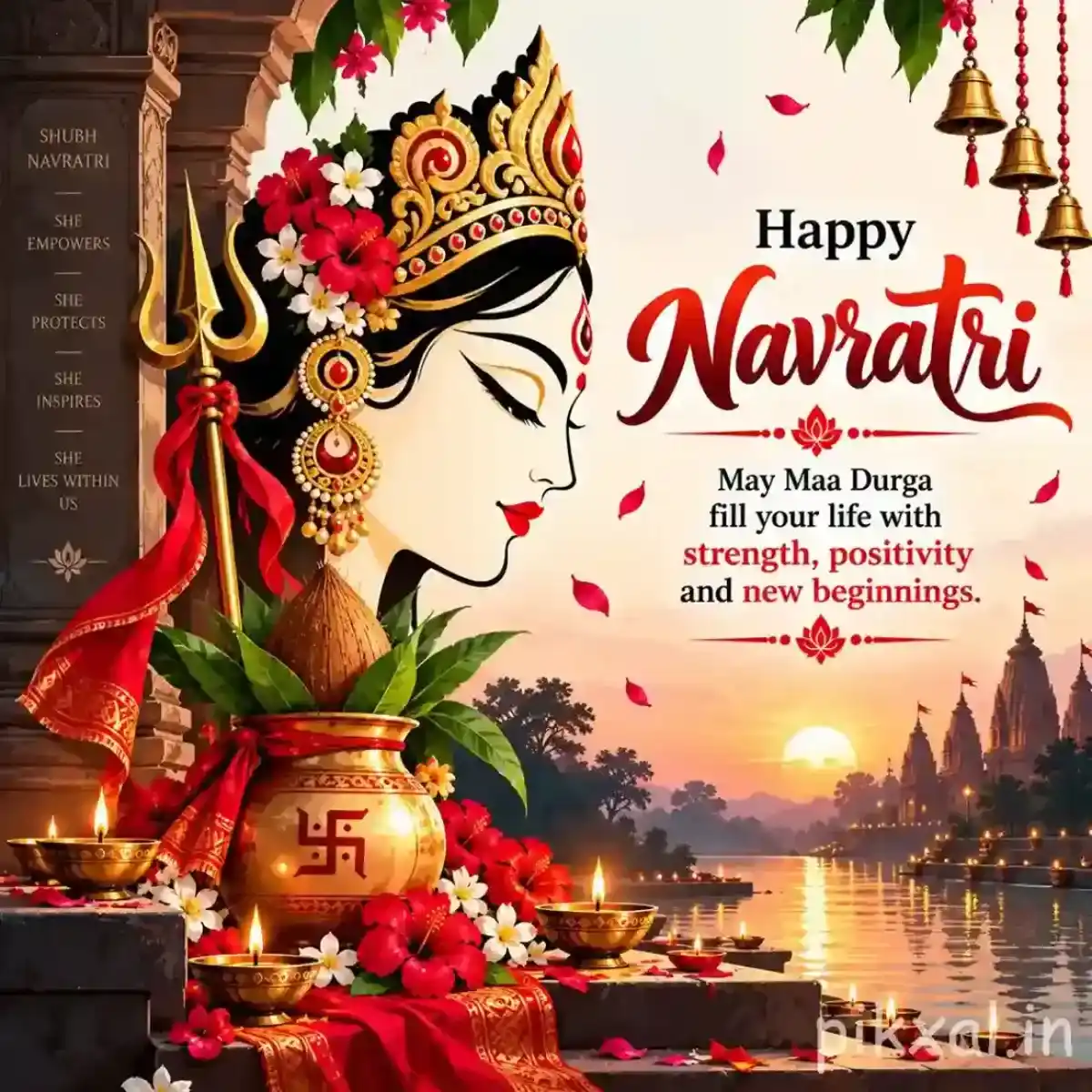 Goddess Durga profile beside a decorated kalash overlooking a lake with flowers and a Happy Navratri message