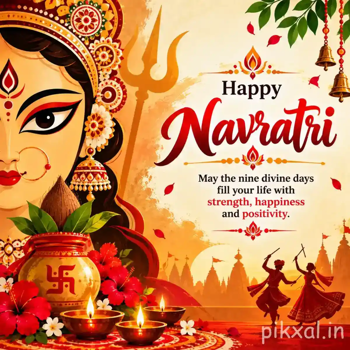 Close-up Goddess Durga face with a decorated kalash, flowers, diyas, and a Happy Navratri greeting