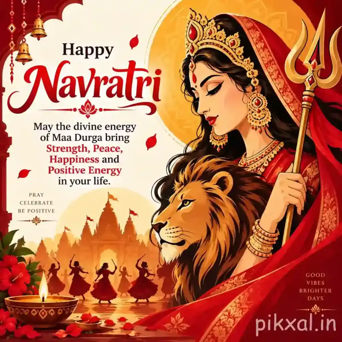 Goddess Durga with a lion surrounded by flowers and Garba dancers beneath a Happy Navratri message