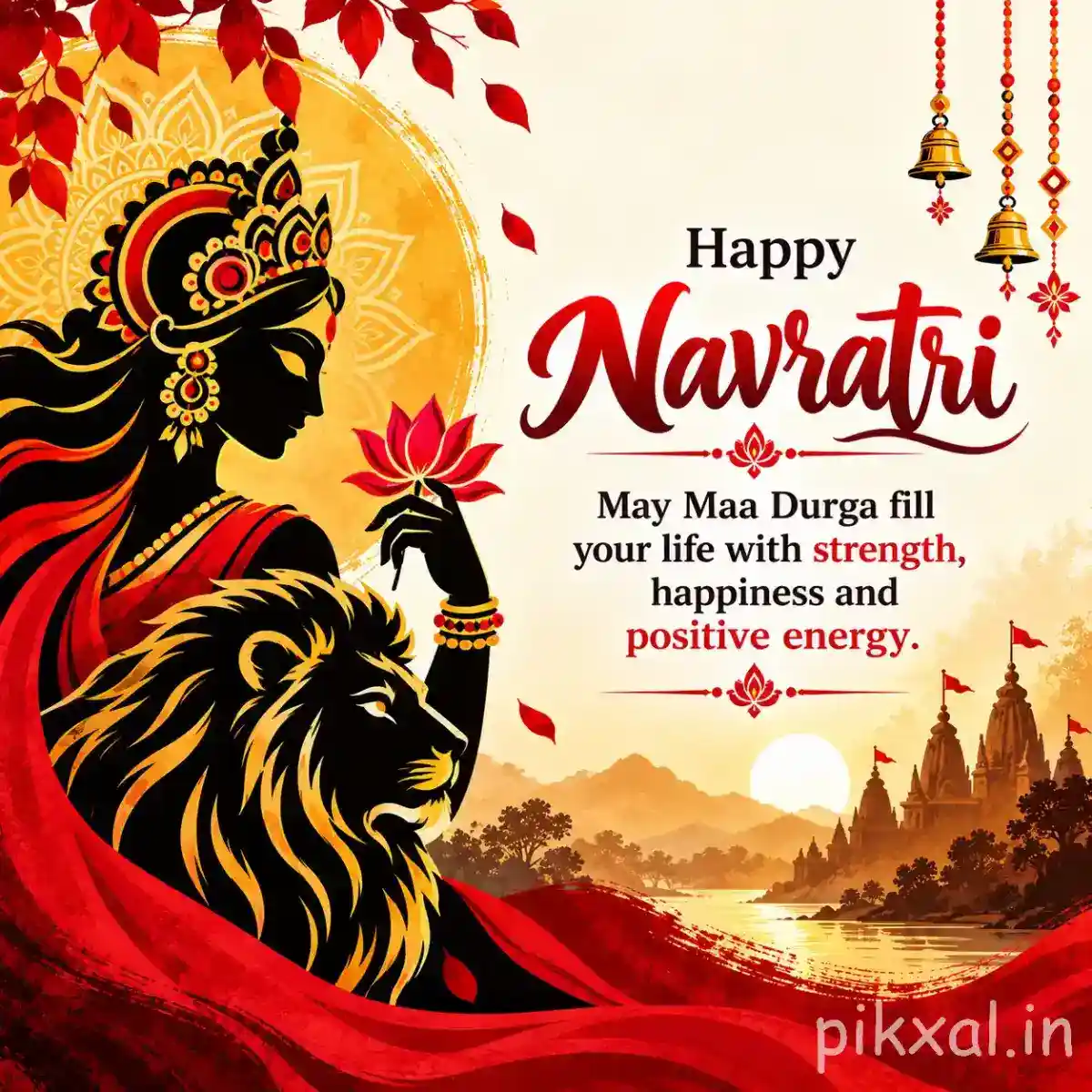 Goddess Durga silhouette with a lion, lotus flower, red drapery, mountains, and a Happy Navratri blessing