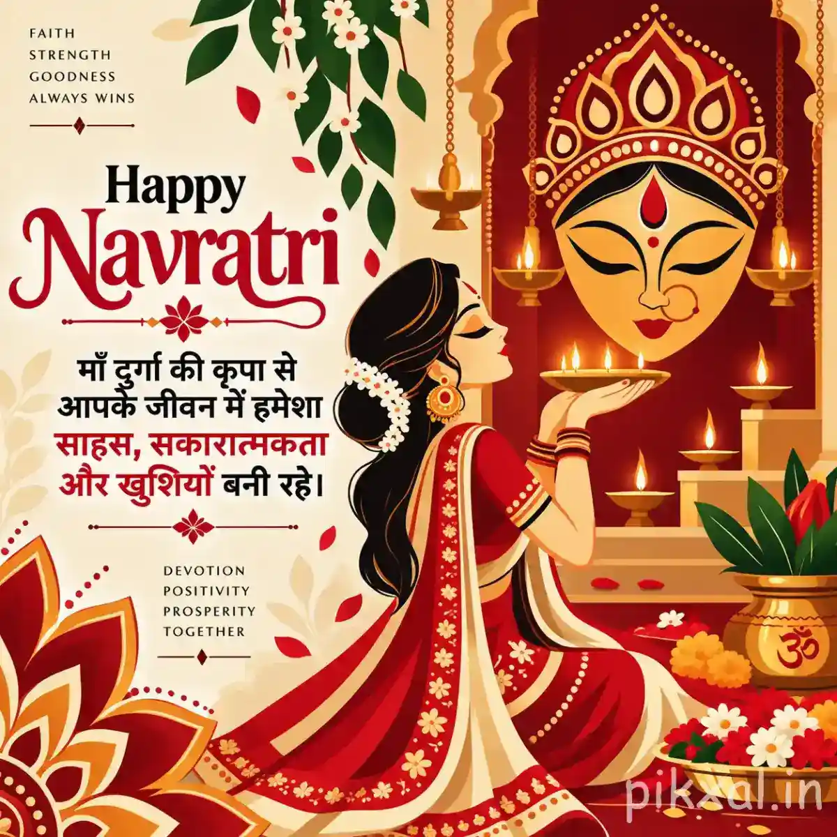 Devotee praying before a large Durga illustration with flowers, diyas, kalash, and Hindi Navratri wishes