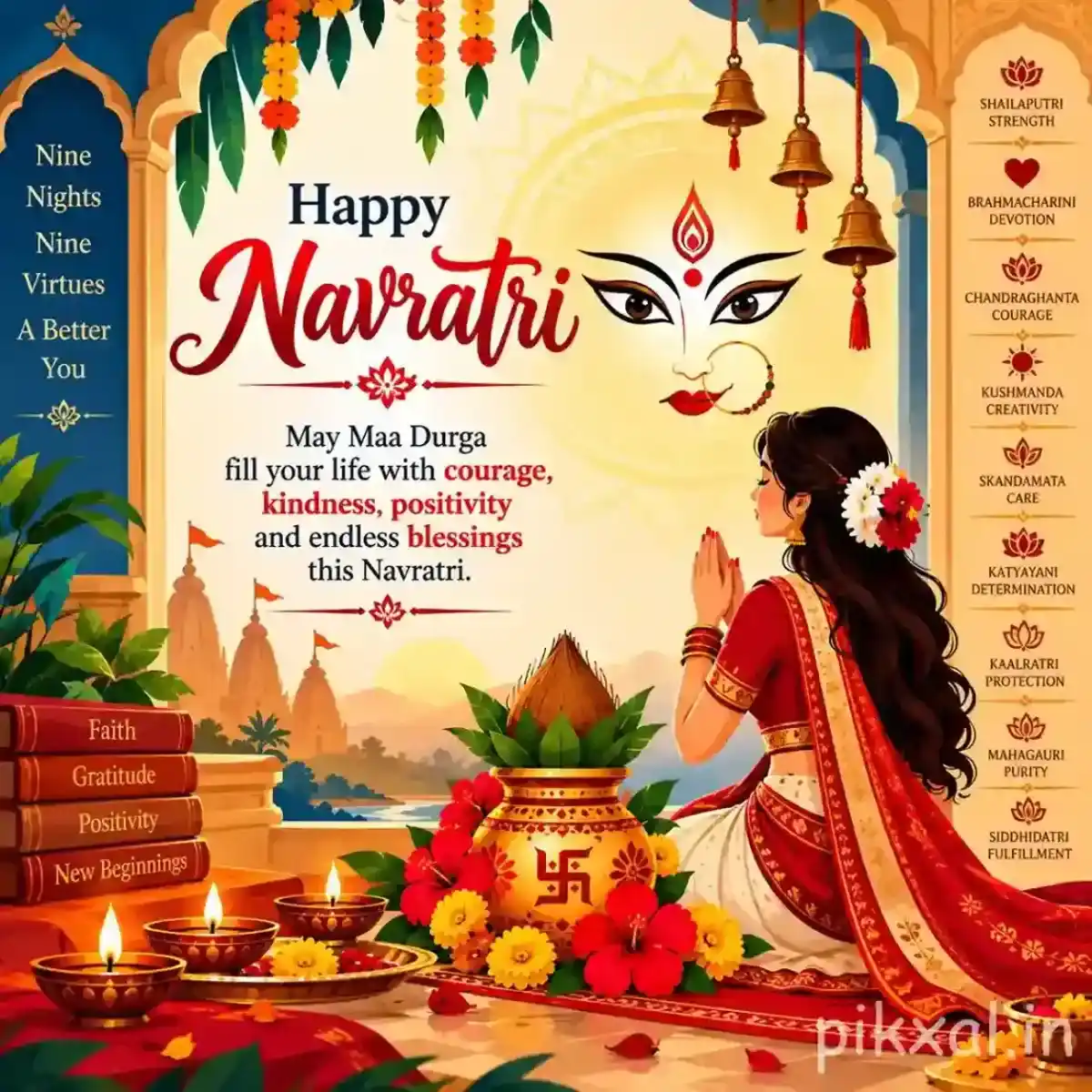 Devotee praying before Goddess Durga with a decorated kalash, flowers, diyas, and a Happy Navratri wish