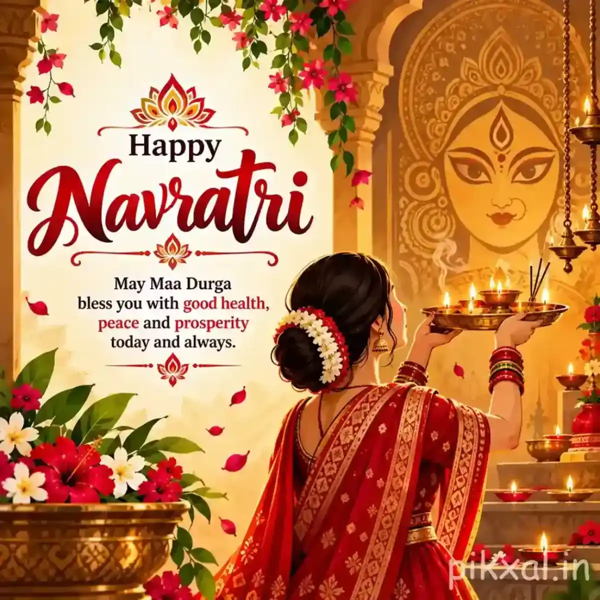Devotee offering prayers before a large Durga image with flowers, diyas, and a Happy Navratri blessing