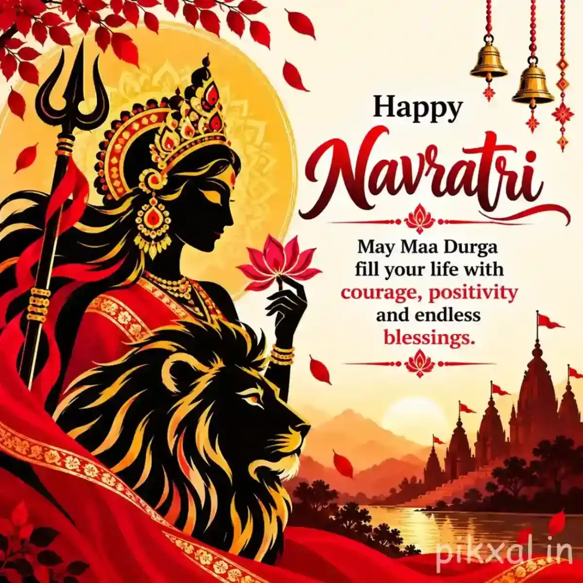 Goddess Durga with a lion, trident, red flowers, mountains, and a Happy Navratri wish