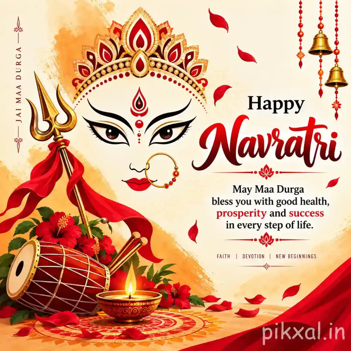Goddess Durga illustration with a decorated drum, flowers, diyas, and a Happy Navratri blessing