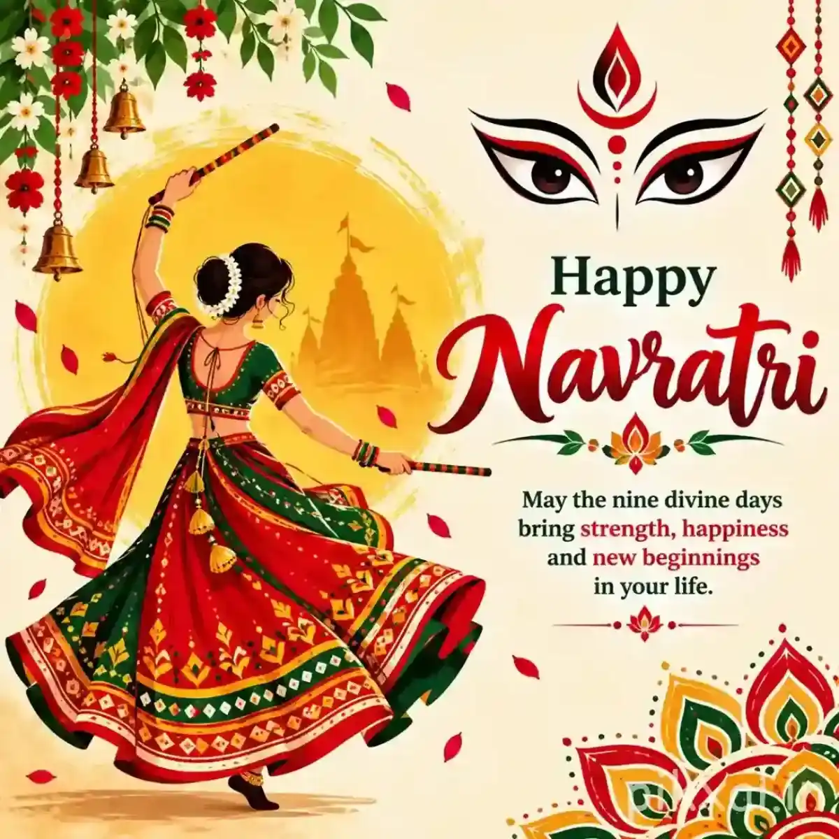 Garba dancer spinning beneath a large moon with festive decorations and a Happy Navratri wish