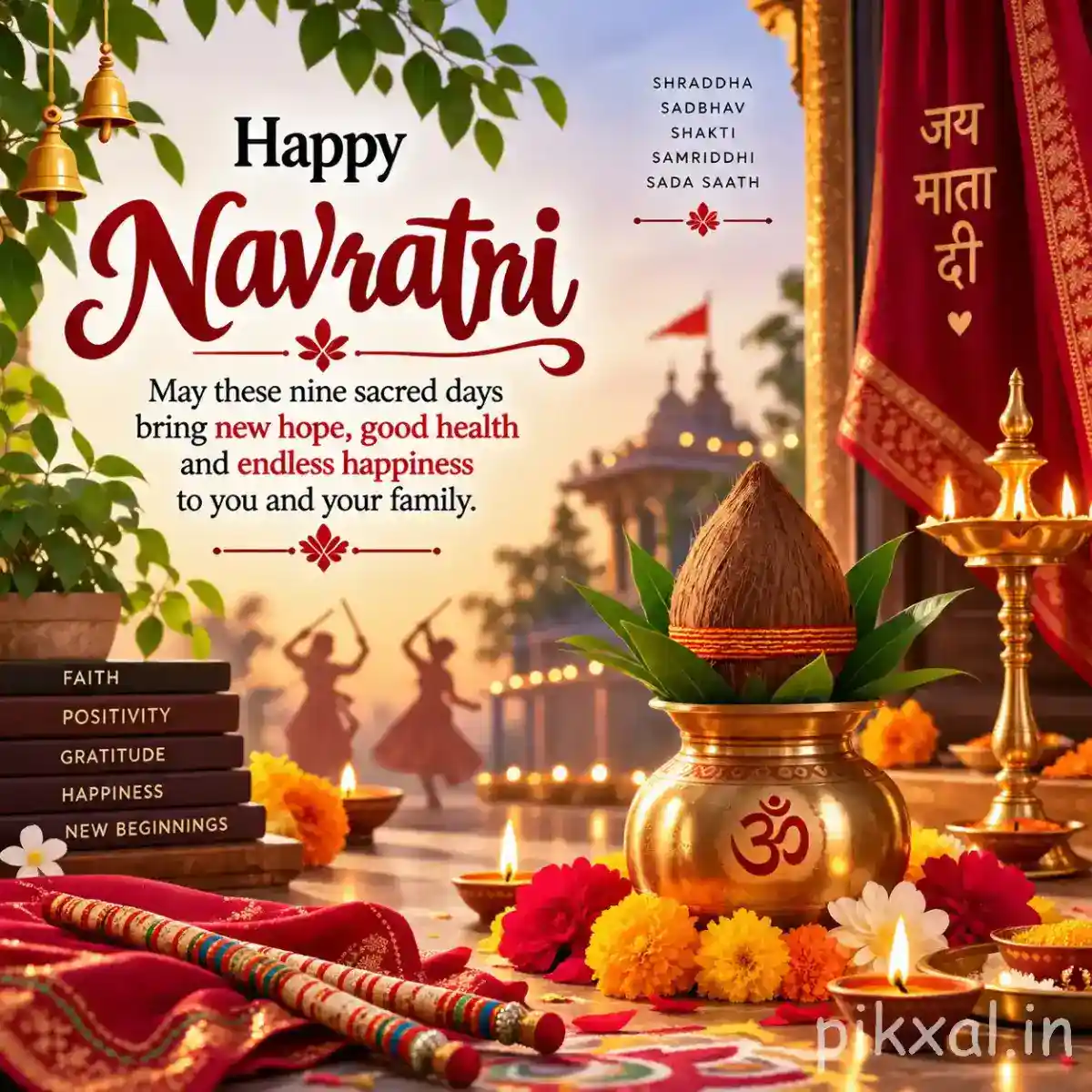 Decorated kalash with Om symbol, flowers, diyas, hanging ornaments, and a Happy Navratri message