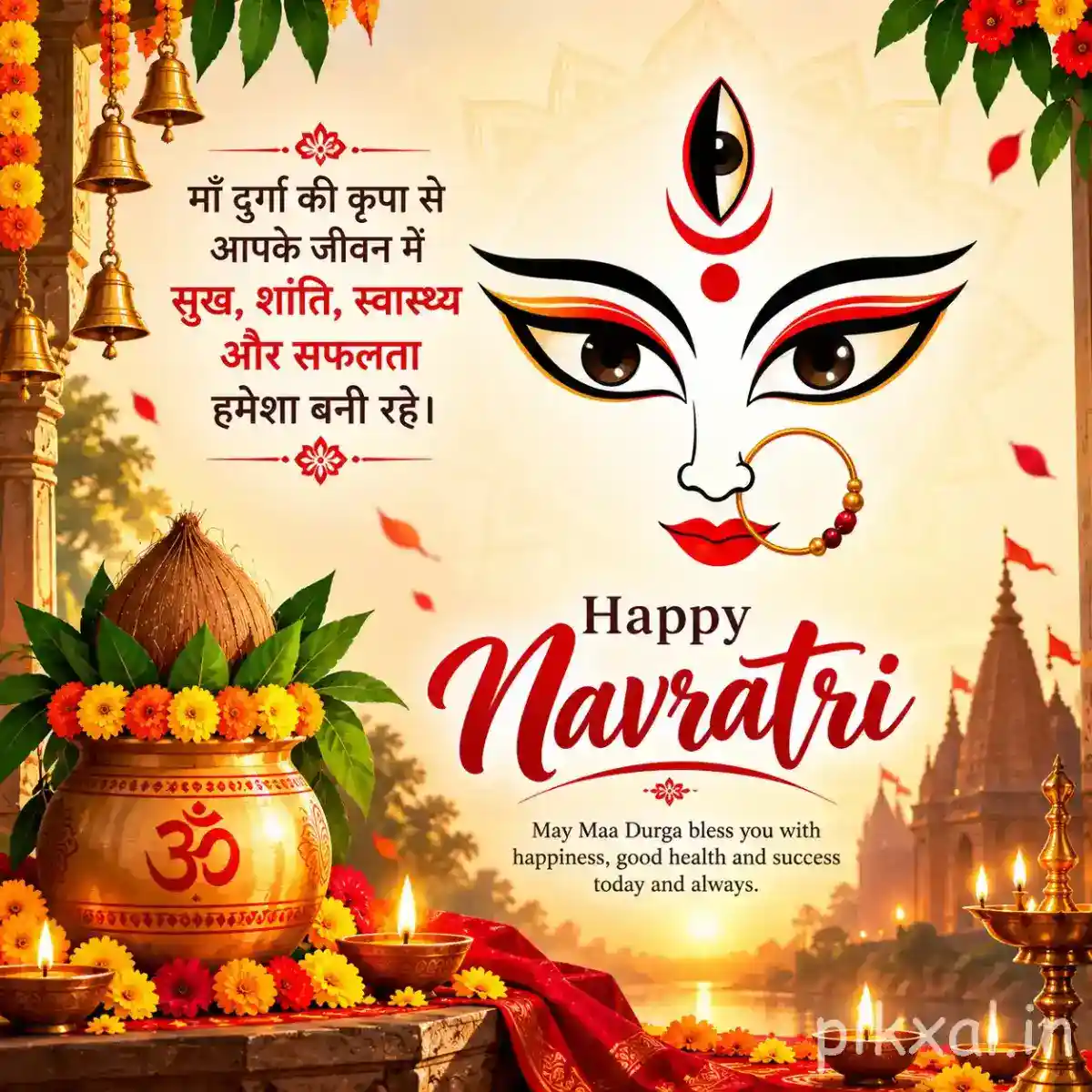 Close-up Durga eyes above a decorated kalash with flowers, diyas, and a Happy Navratri blessing