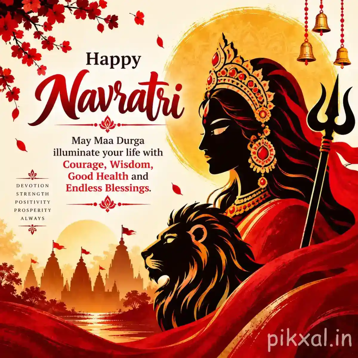 Goddess Durga with a lion and trident against mountains, red drapery, and a Happy Navratri wish