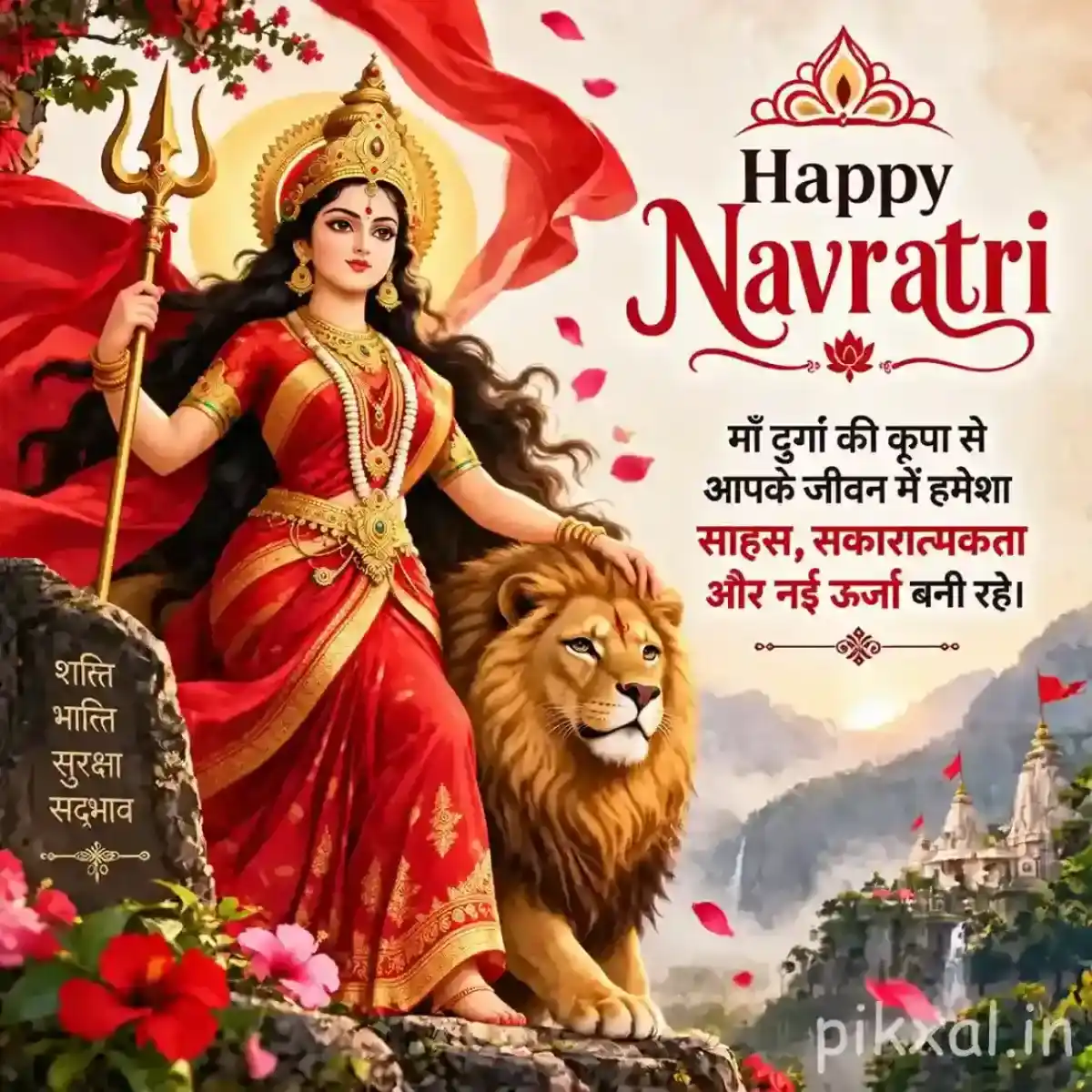 Goddess Durga with a lion, mountains, flowers, diyas, and a Hindi Happy Navratri blessing