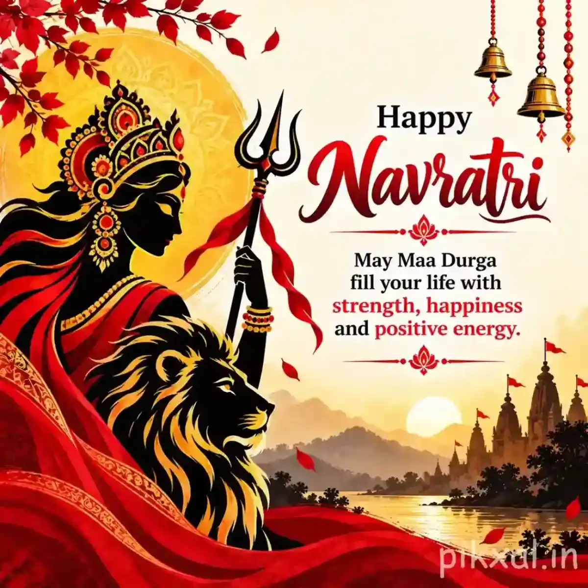 Goddess Durga silhouette with a lion, trident, red drapery, mountains, and a Happy Navratri message