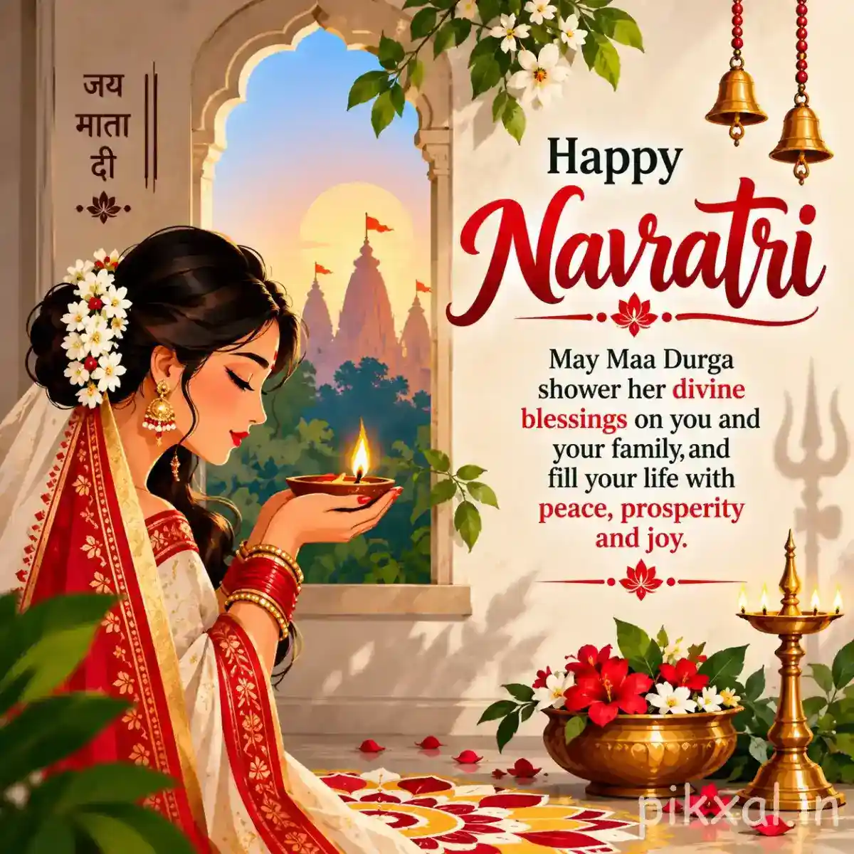 Devotee offering a diya before a festive shrine with flowers, temple scenery, and a Happy Navratri wish