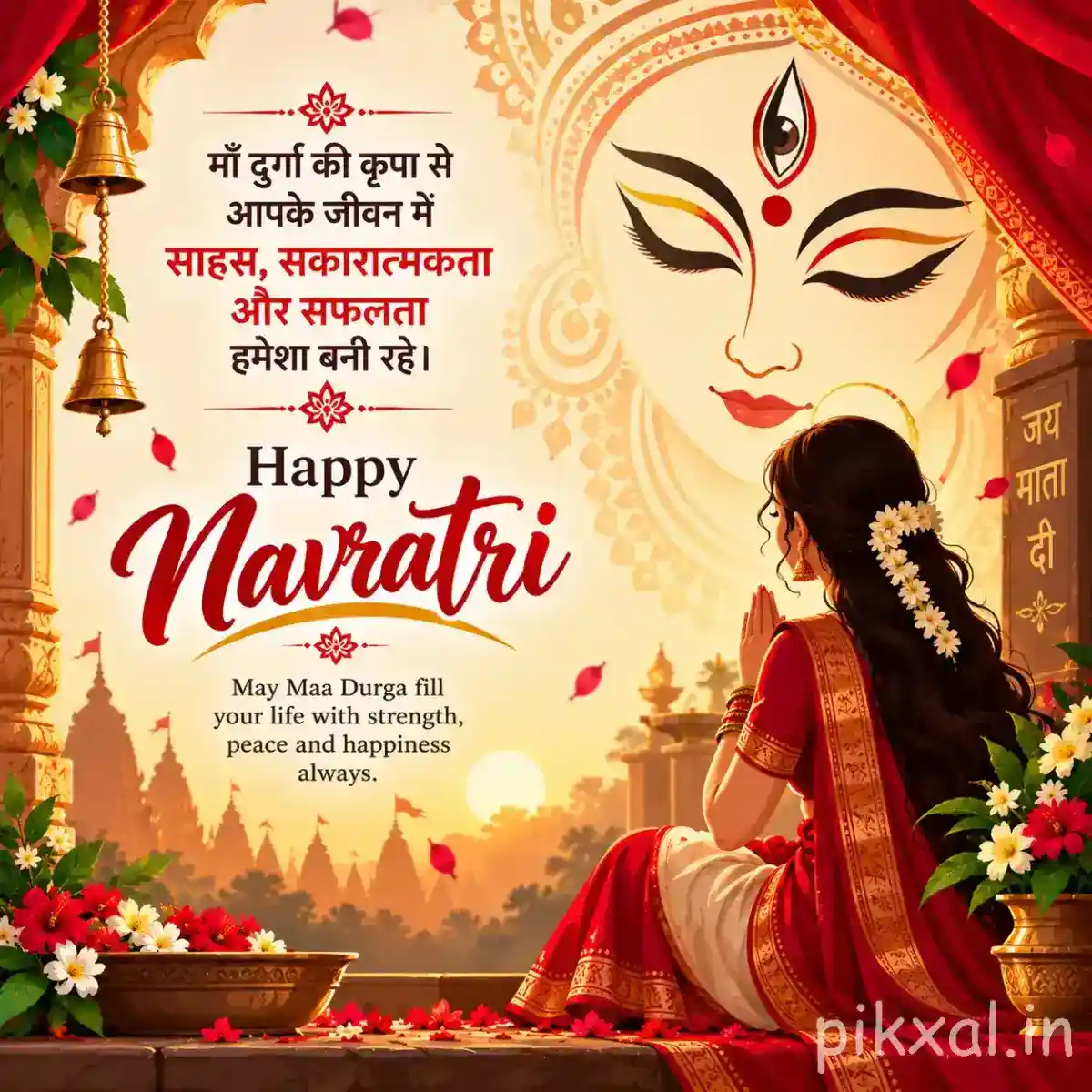 Devotee praying before a large Durga face with flowers, diyas, mountains, and a Happy Navratri blessing