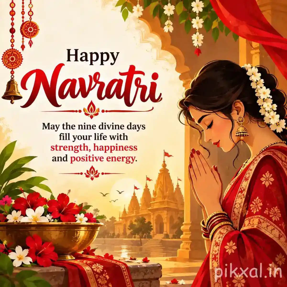 Devotee praying beside a decorated shrine with flowers, diyas, temple scenery, and a Happy Navratri blessing