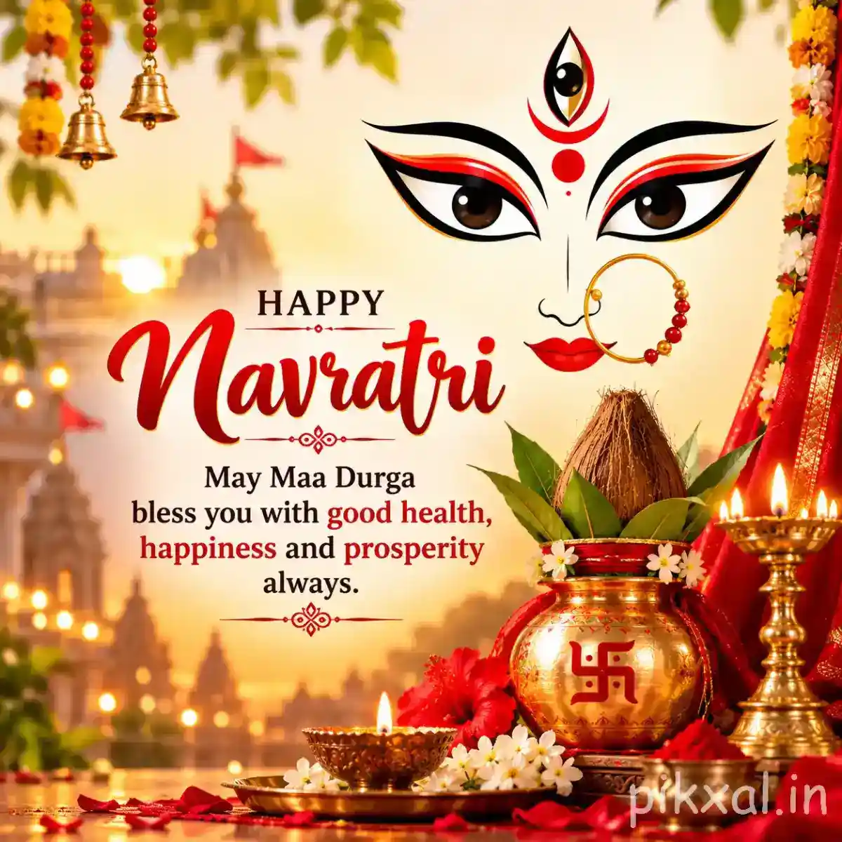 Decorated kalash with flowers and diyas beneath Durga eyes, surrounded by festive ornaments and a Happy Navratri wish