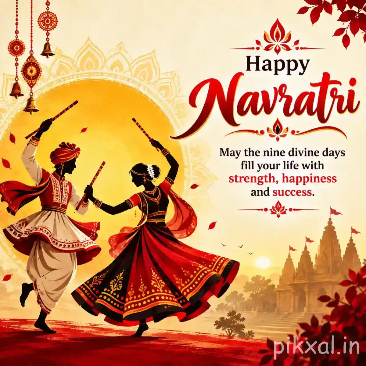 Garba dancers celebrating beneath a large moon with temple scenery, diyas, and a Happy Navratri message