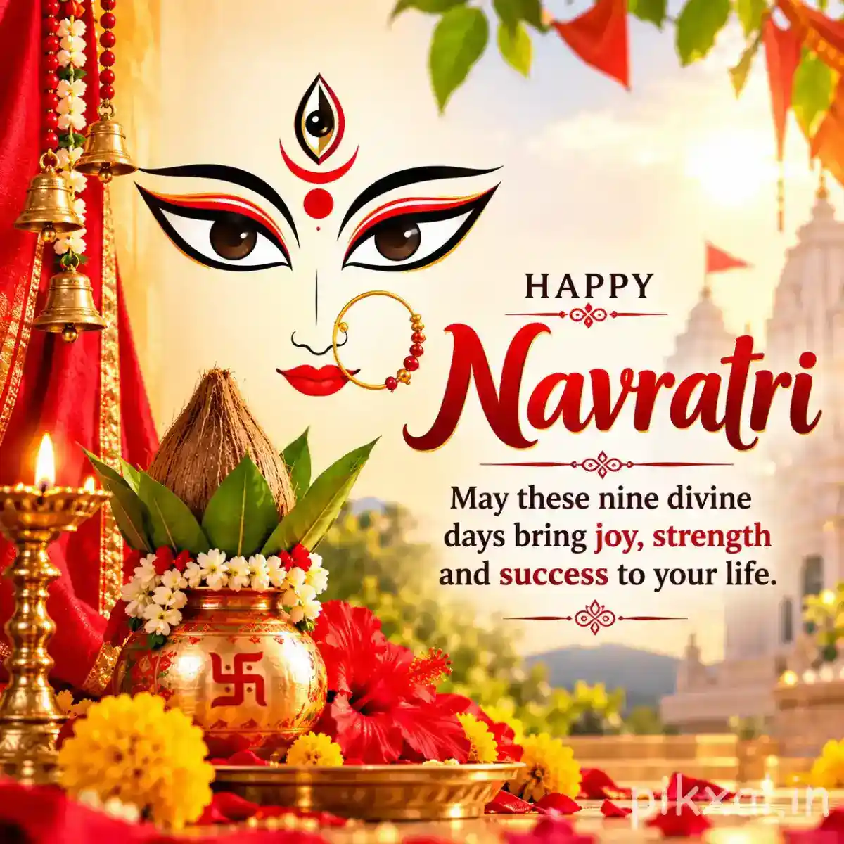 Durga eyes above a decorated kalash with flowers, diyas, mountains, and a Happy Navratri message
