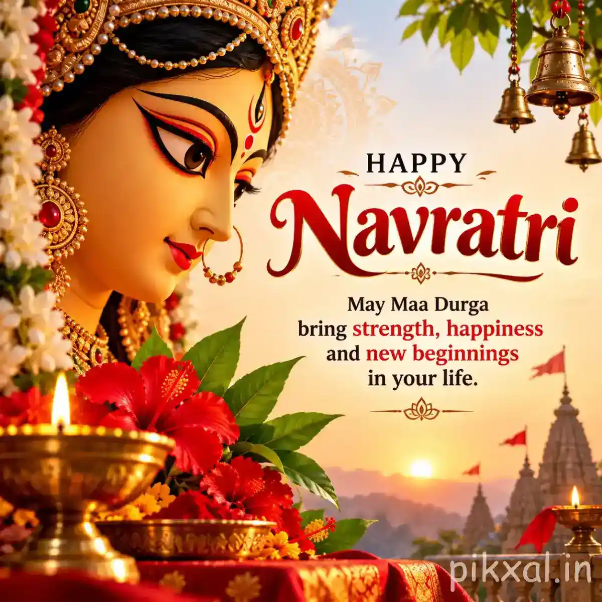 A decorated shrine with flowers, glowing diyas, temple scenery, and a Happy Navratri blessing